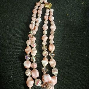 Vintage Pink stones 2 strand necklace with rose flower slide i. Ckasp